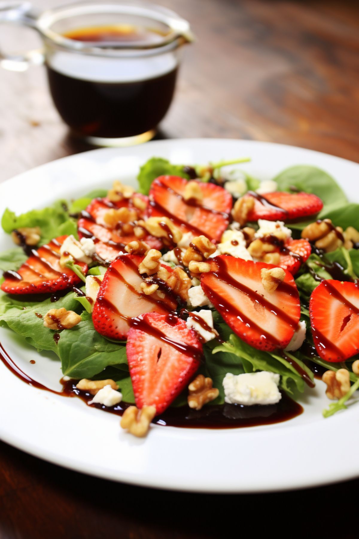Balsamic glaze over a strawberry, walnut and goat cheese salad in a shallow white bowl.