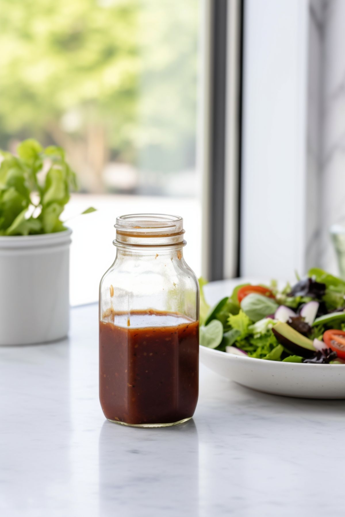 A glass jar of balsamic vinaigrette with a salad in the background.