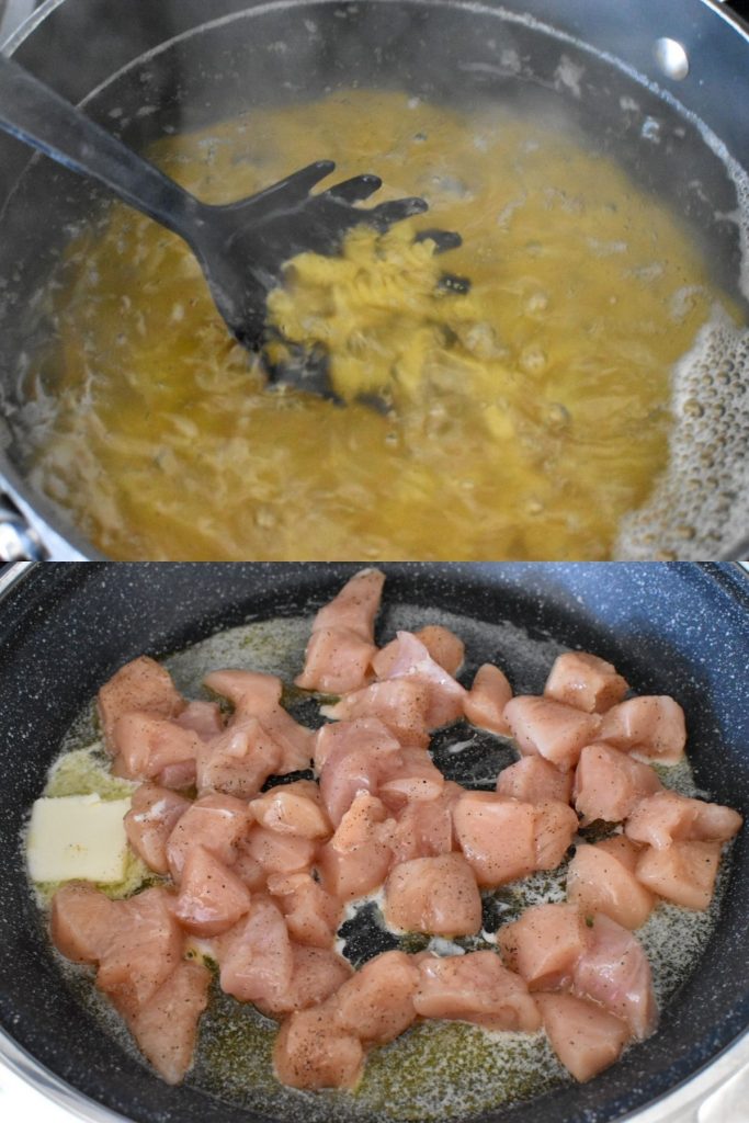 Two picture collage of pasta being boiled in water and pieces of chicken being sautéed in butter and olive oil.