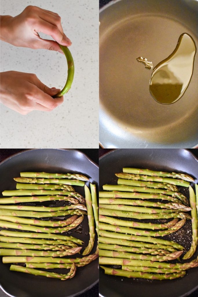 First image of hands bending an asparagus stalk, second a pan with olive oil in it, third fresh asparagus in the pan and fourth salt and pepper sprinkled on the asparagus.