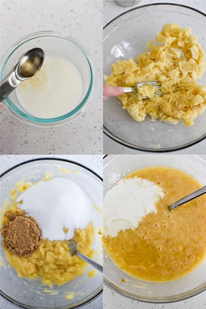 Collage of four pictures, first putting apple cider vinegar in almond milk, second mashing the bananas, third adding white and brown sugar and fourth adding almond milk and oil to the bowl.