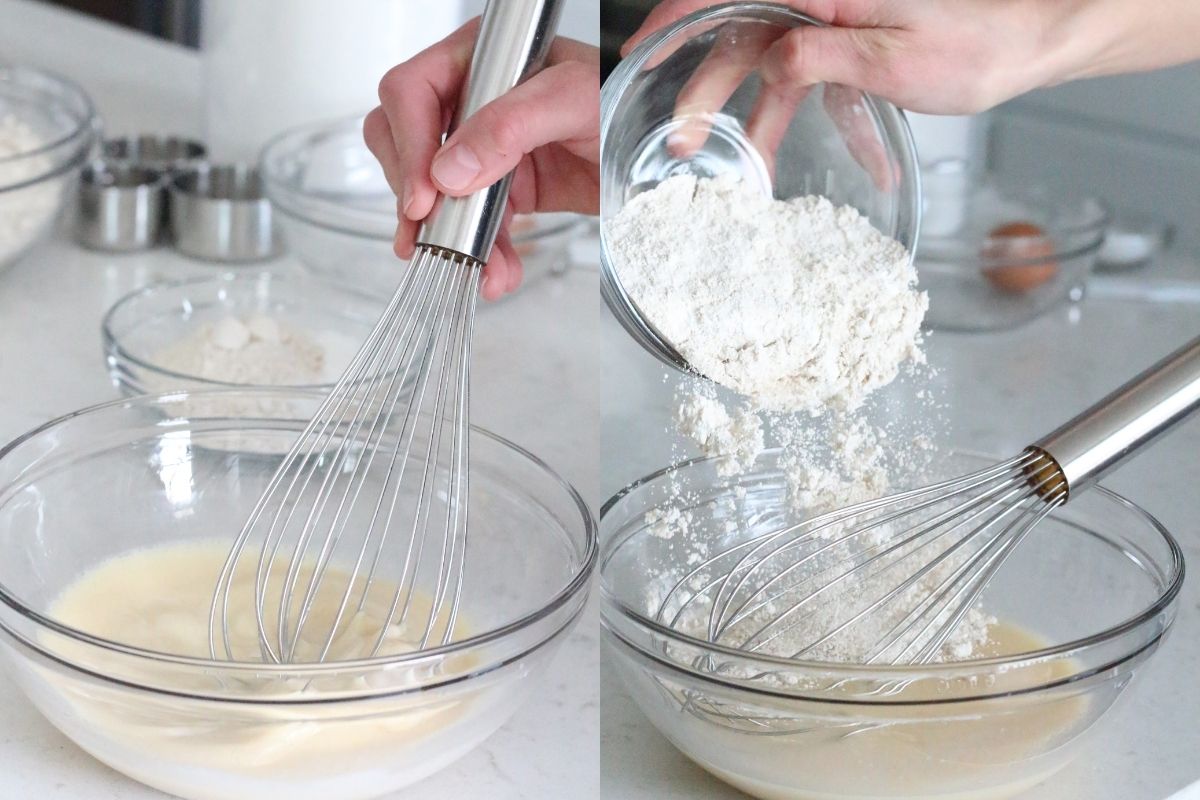 Two pictures, first is whisking wet ingredients and second is adding dry ingredients to the wet in a glass bowl.