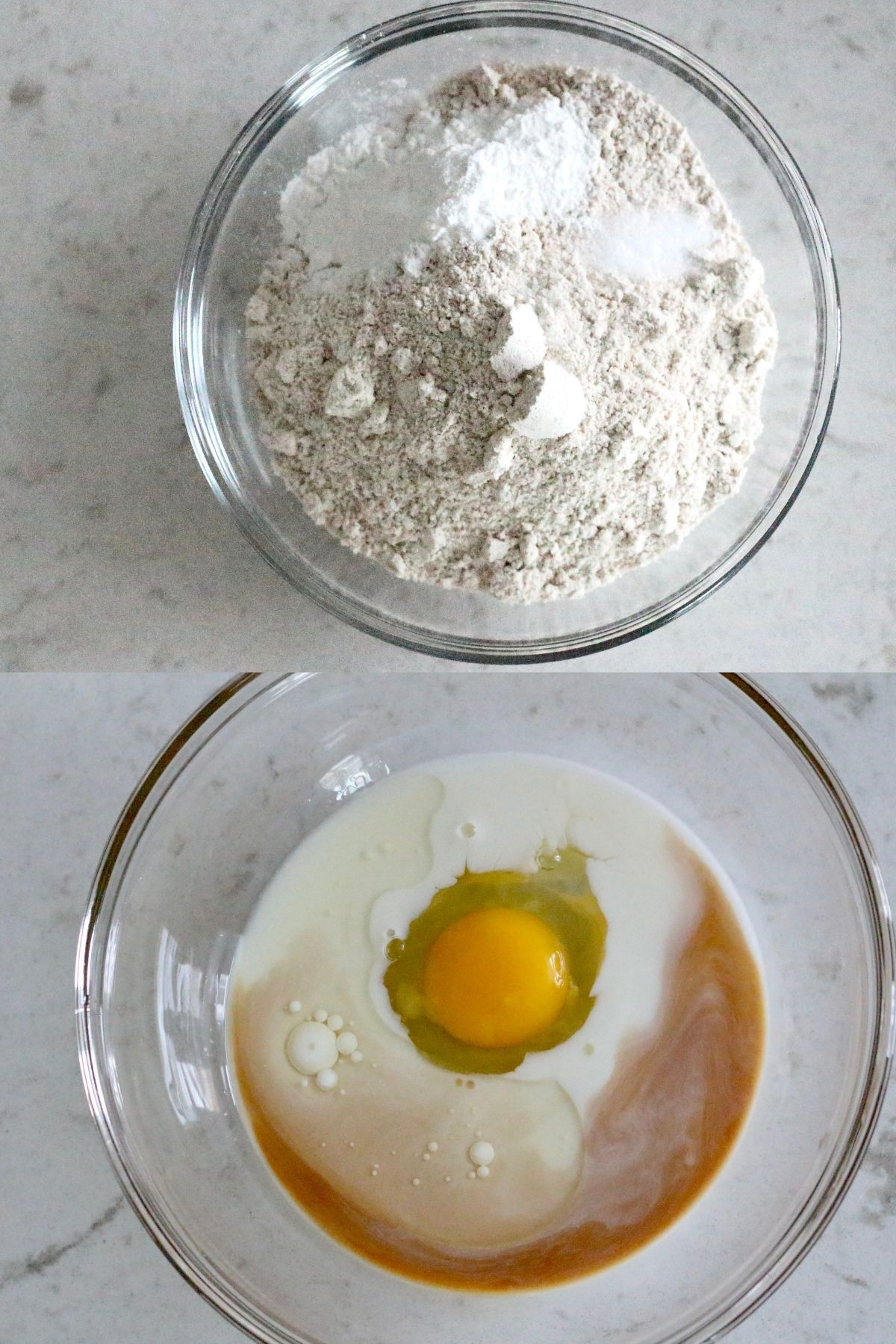 Two pictures, first is dry ingredients in a glass bowl and second is wet ingredients in a glass bowl.