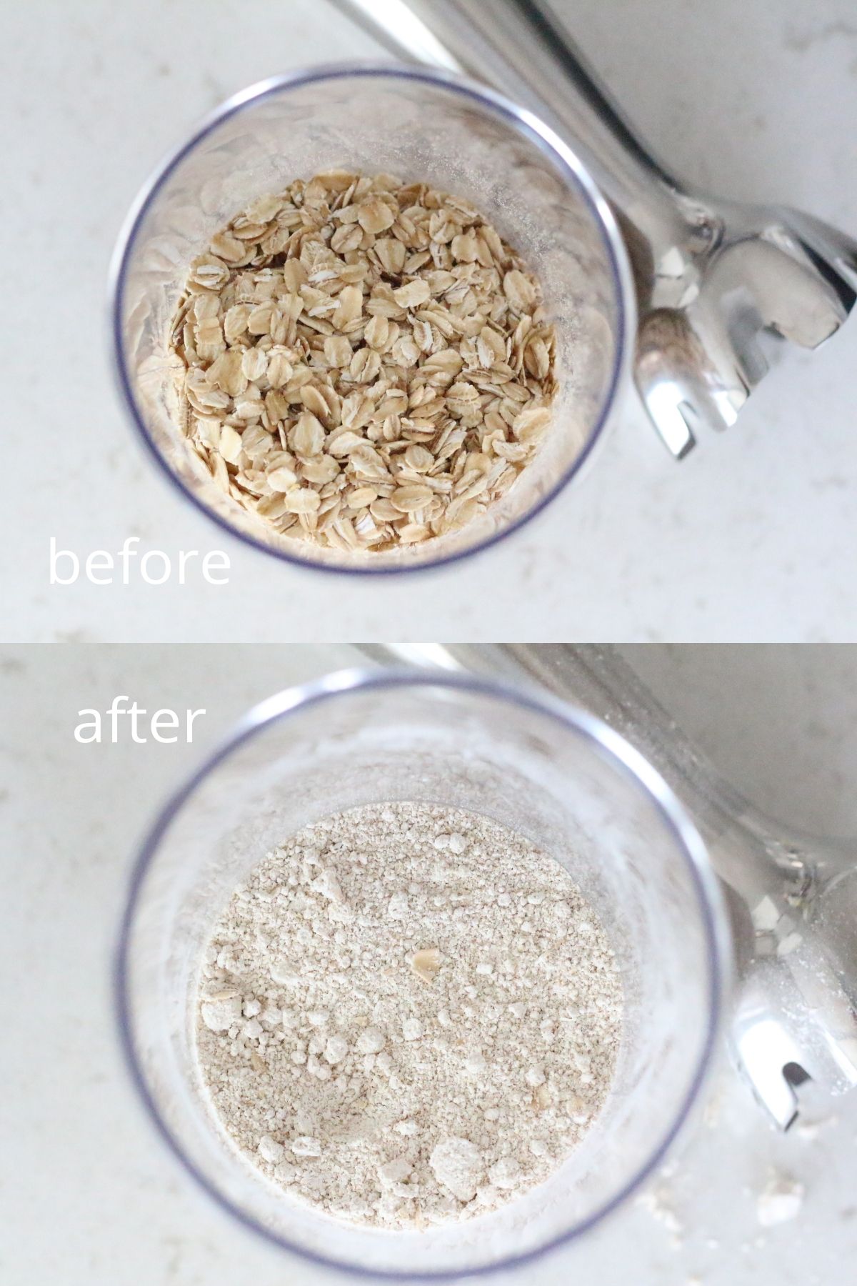 Before and after picture of making oat flour with immersion blender.
