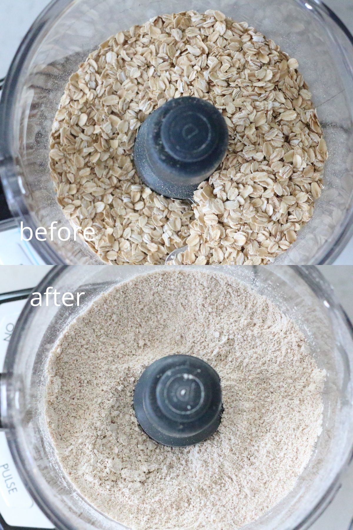 Before and after picture of making oat flour with food processor.