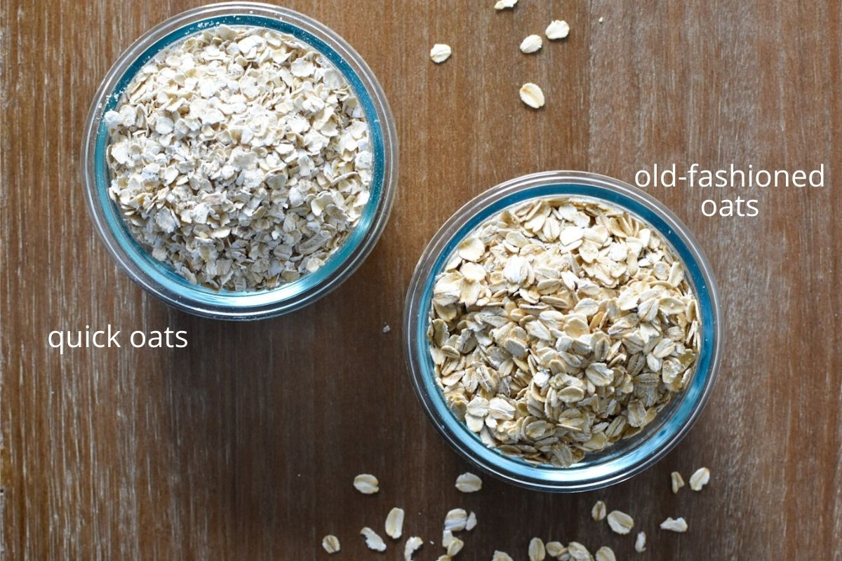 A bowl of quick oats and a bowl of old-fashioned oats.