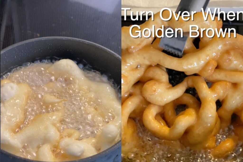 Funnel cake frying in oil and flipping it over when it is golden brown.