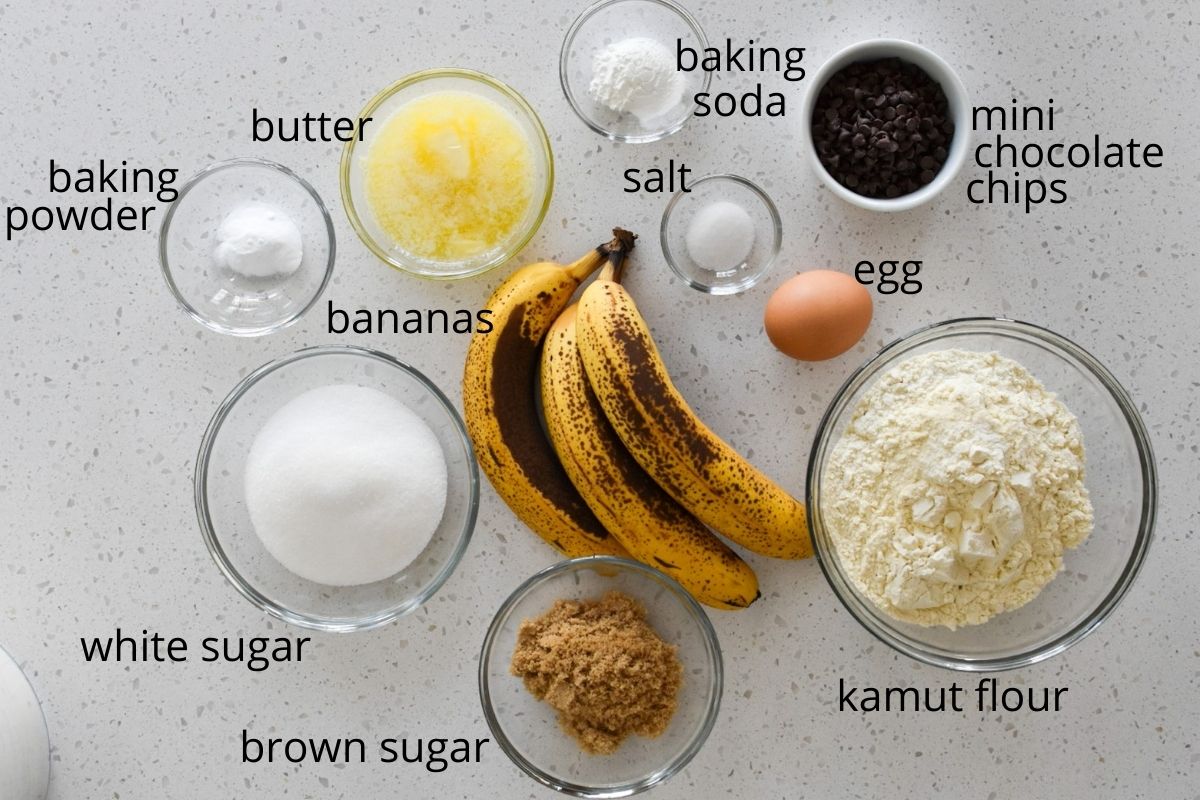 The ingredients needed for kamut banana muffins with chocolate chips.