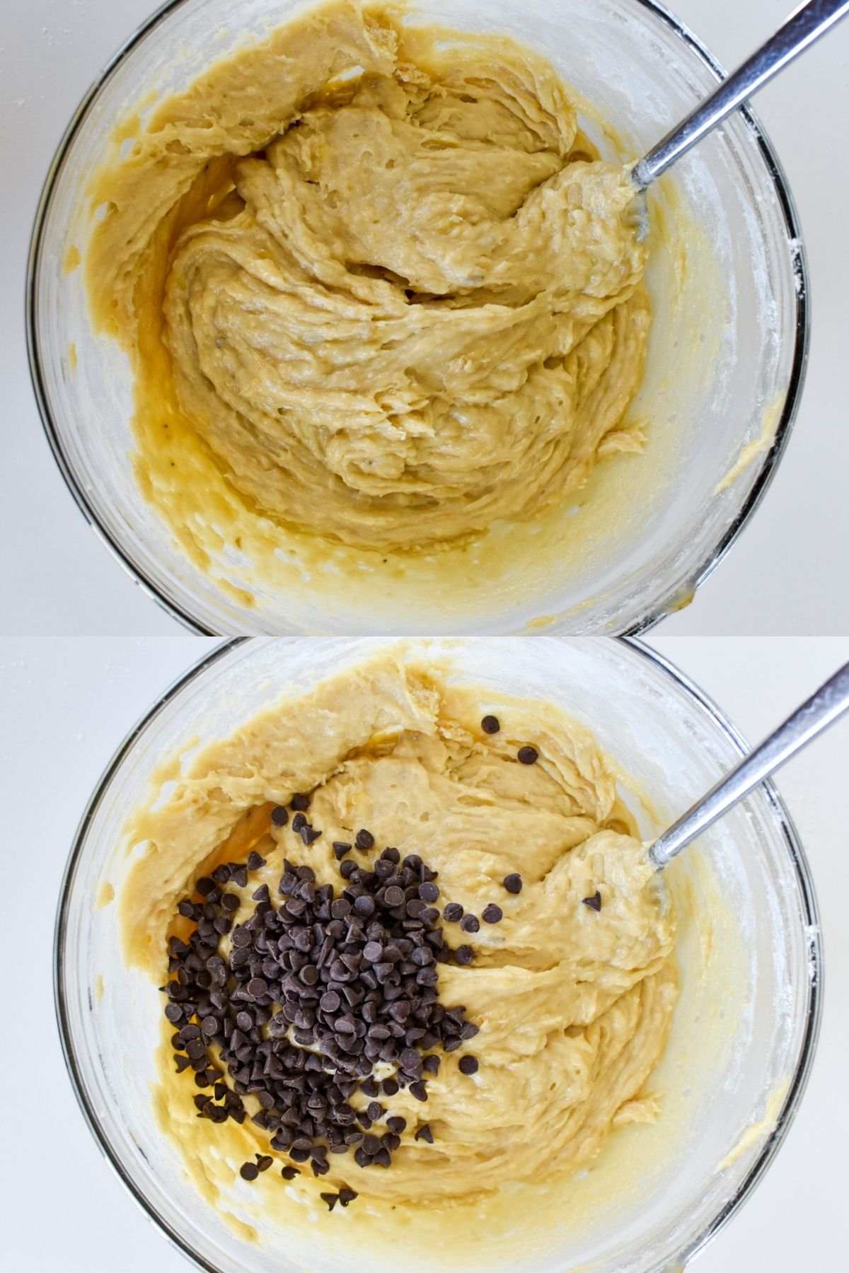 The mixed batter with chocolate chips added in a clear bowl.