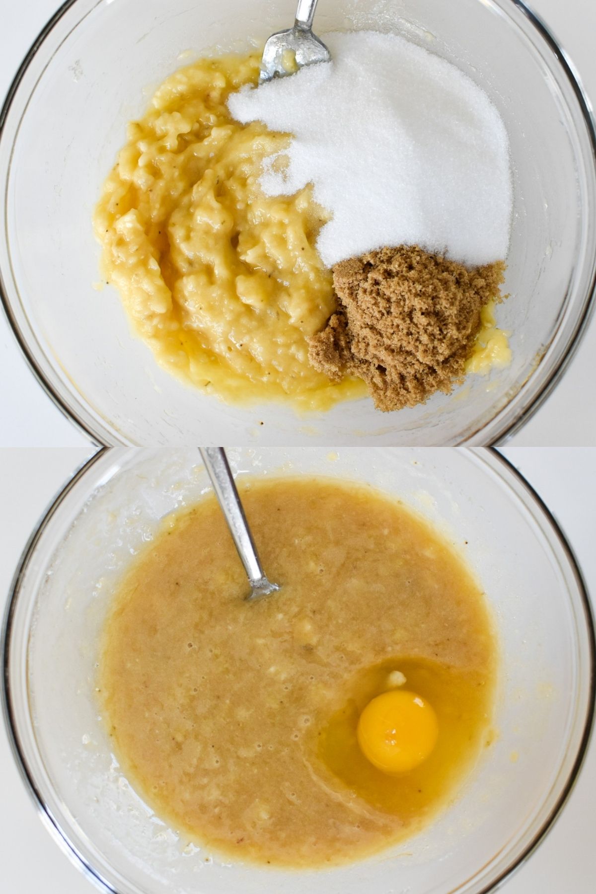 Mashed bananas, sugar and egg in a clear bowl.