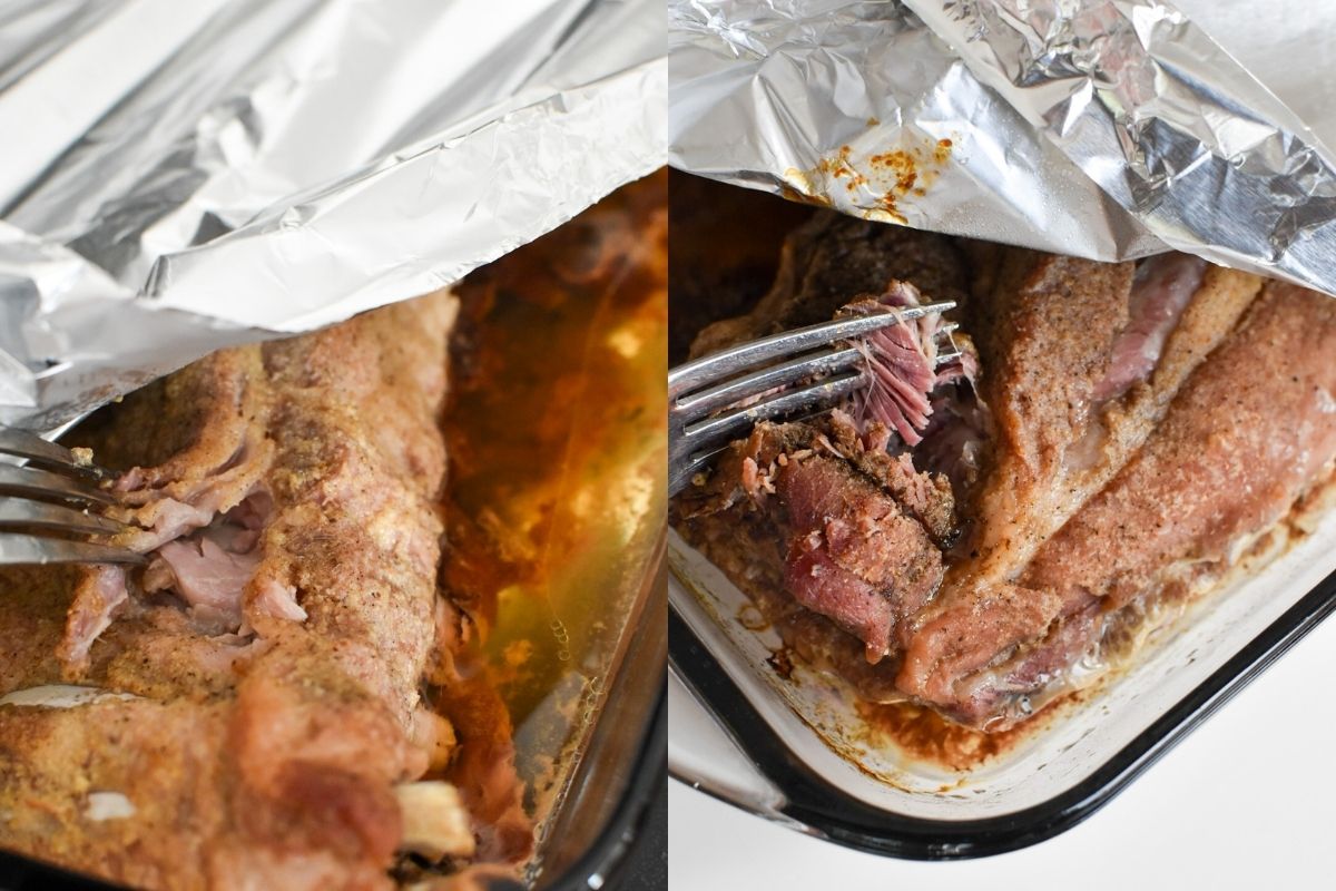 Two images of a fork pulling the tender meat away from the cooked ribs.
