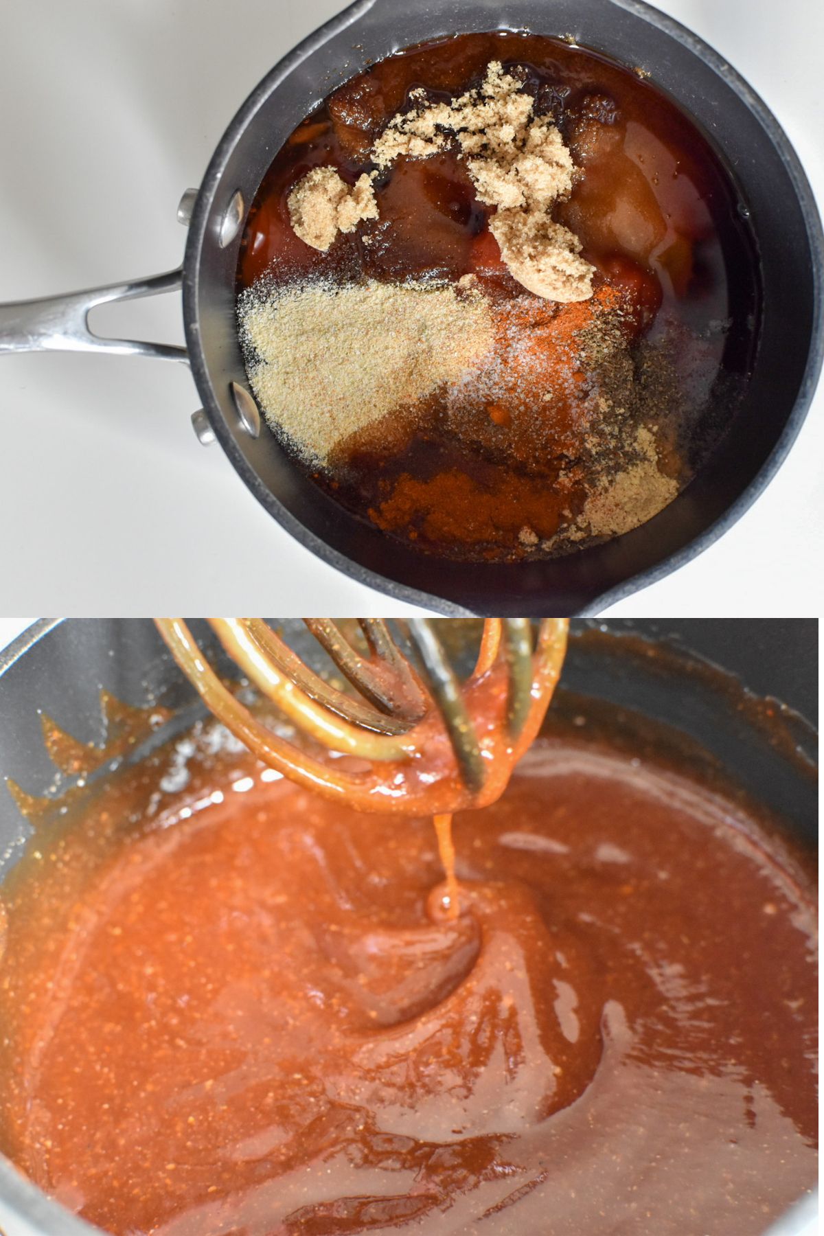 A small pot with the ingredients to make sweet and tangy barbecue sauce.