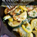 Browned zucchini and yellow squash in a cast iron pan with a fork and text: sautéed zucchini & yellow squash.
