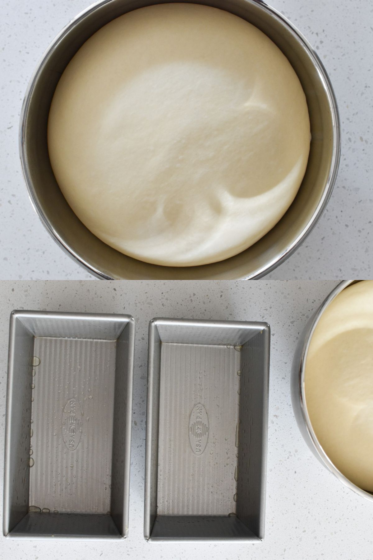 First image is of risen dough in a bowl and the second image is two greased loaf pan with dough next to them.