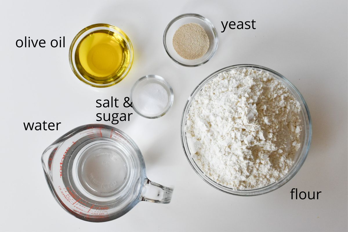 The ingredients for chewy pizza crust.