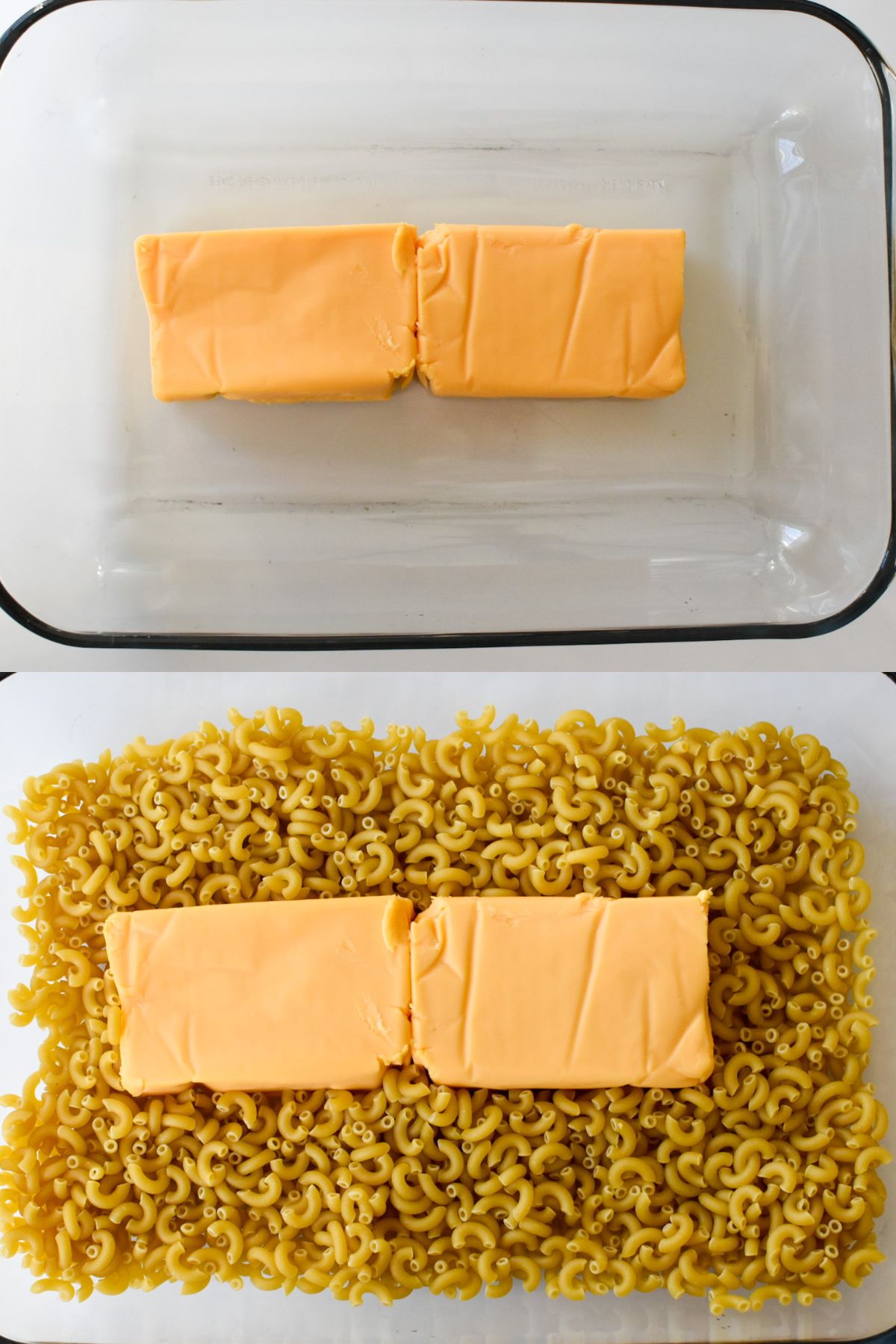 A glass baking dish with Velveeta cheese and one with Velveeta and elbow pasta.