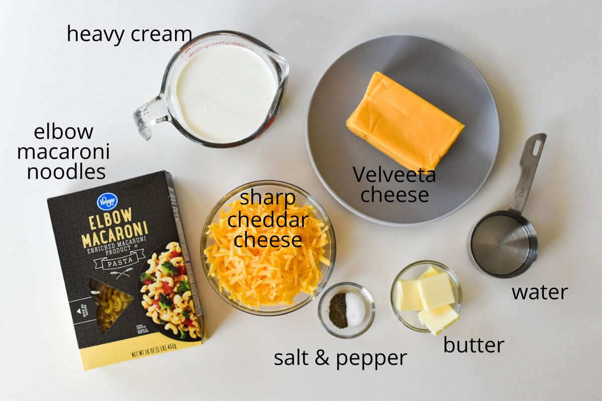 The ingredients or oven baked tiktok mac and cheese.