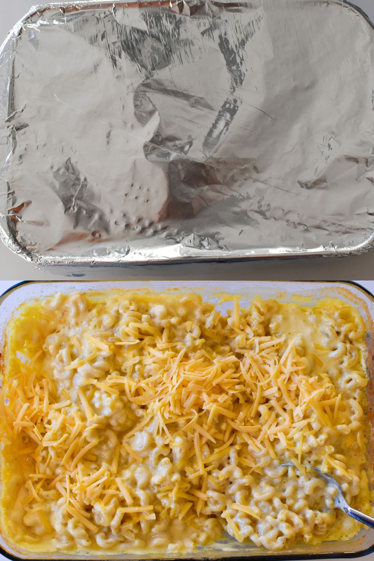 A baking dish covered with foil and a baking dish with cooked mac and cheese with sharp cheddar on top.