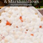 Cooked yams and toasted marshmallows on top with text: Souther Candied Yams and. Marshmallows.