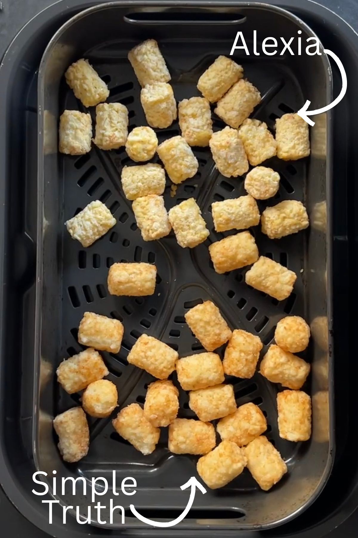 Frozen potato puffs in an air fryer basket labeled with the text "Alexia" and Simple Truth."