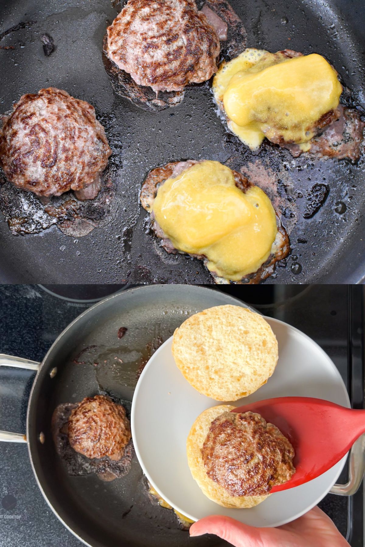 A pan cooking hamburgers and putting a hamburger on a bun.