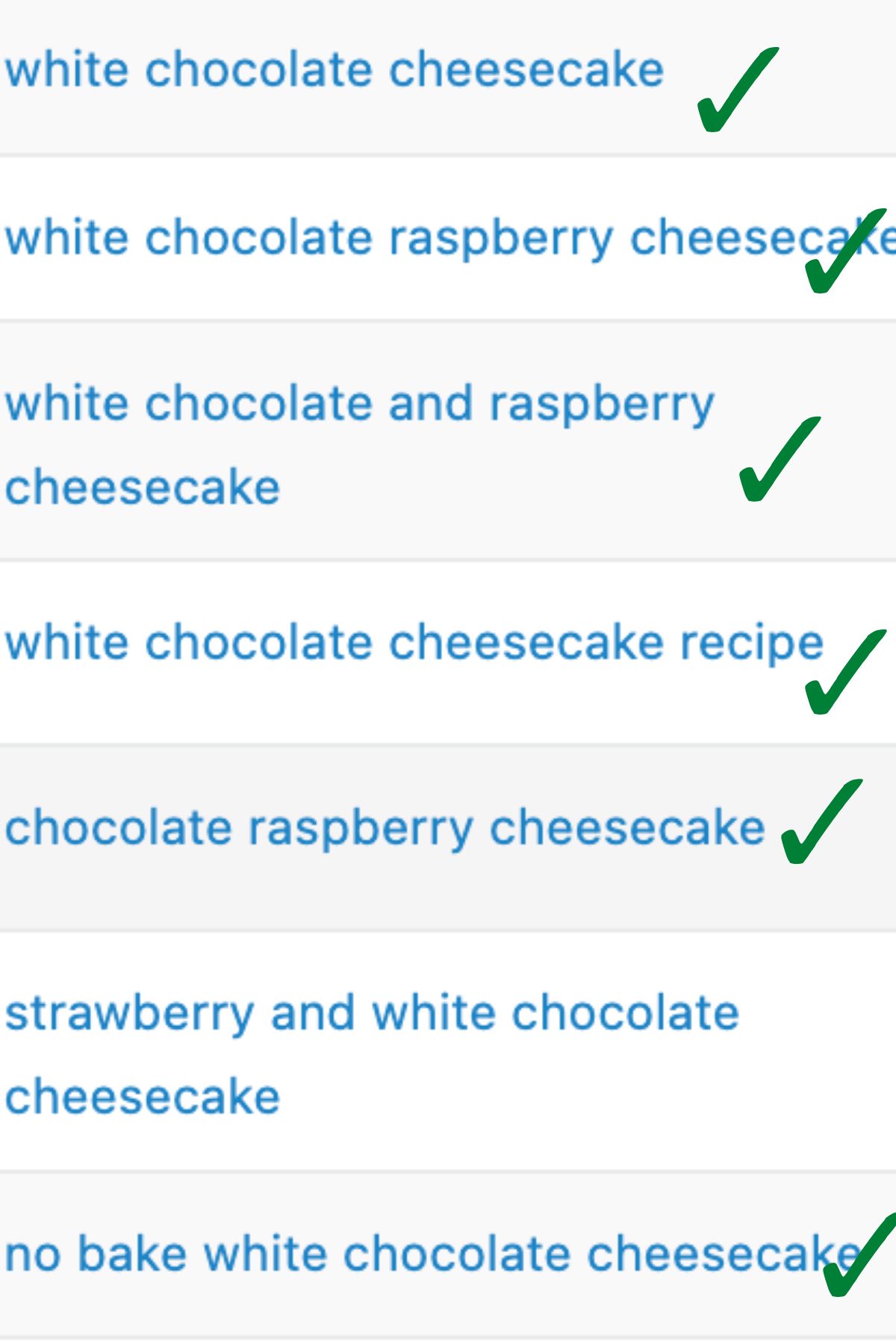 Blue text using variations of the words "raspberry and white chocolate cheesecake" with green check marks next to them.