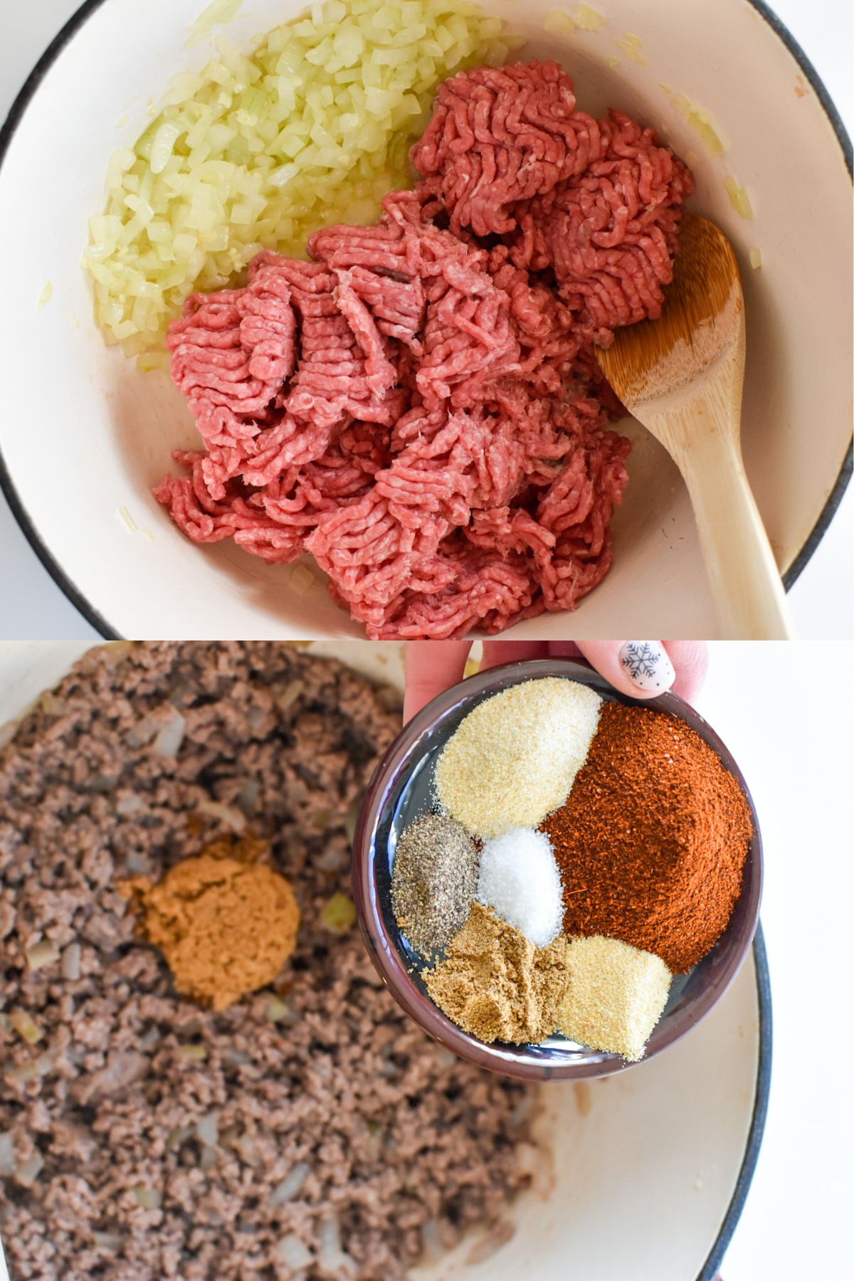 A pot with cooked onion and raw ground beef and a pot with cooked ground beef and spices being added to it.