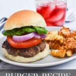 A burger on a plate with french fries and the text: Burger Recipe No Breadcrumbs.