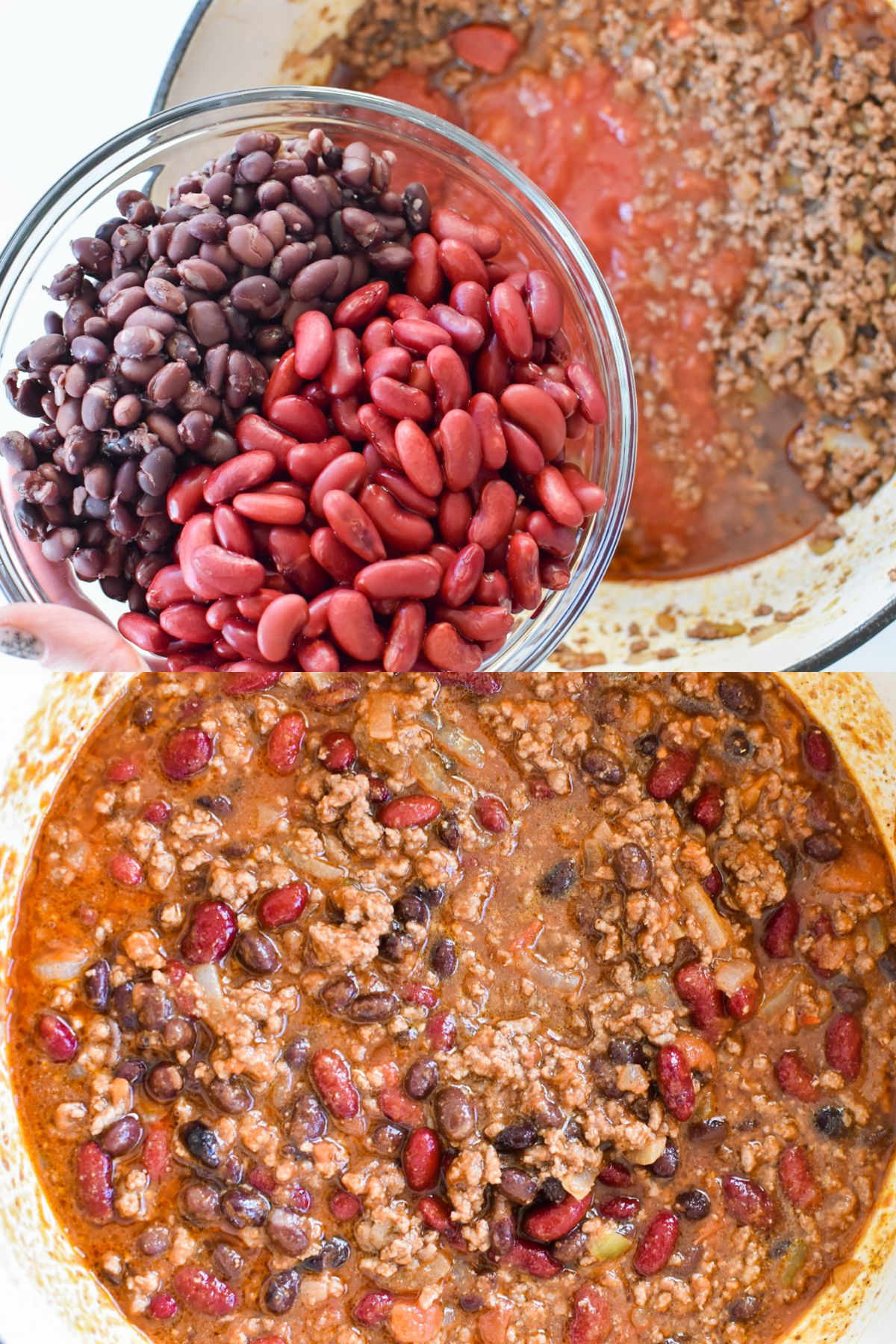 Adding beans to a pot of chili and a pot of simmering chili,