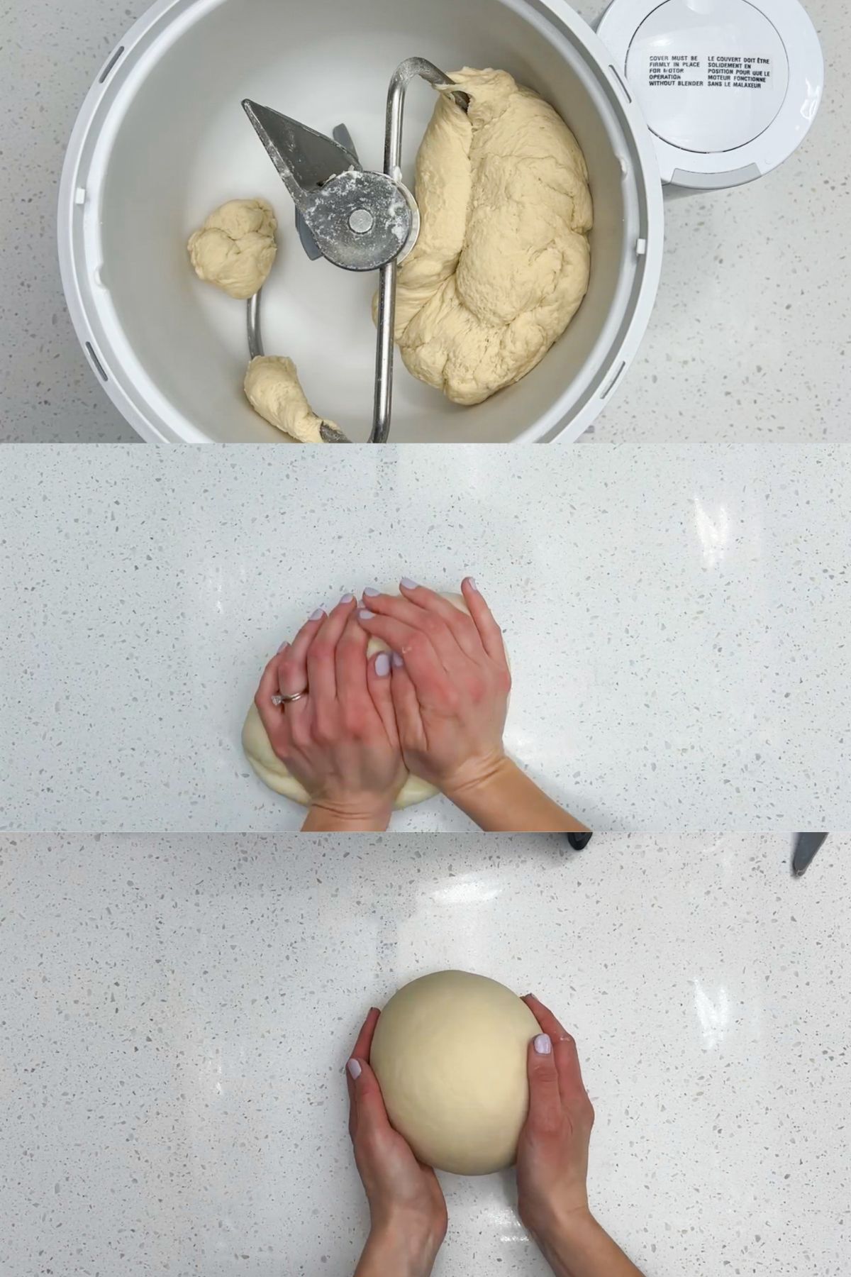 A collage of mixing the dough, kneading the dough and shaping it into a ball.