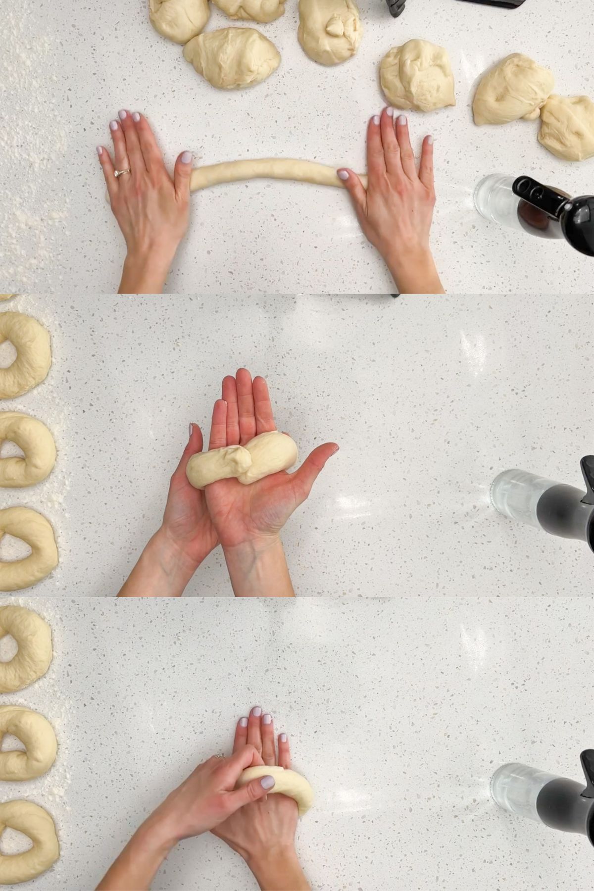 A collage of how to roll out and shape a bagel.