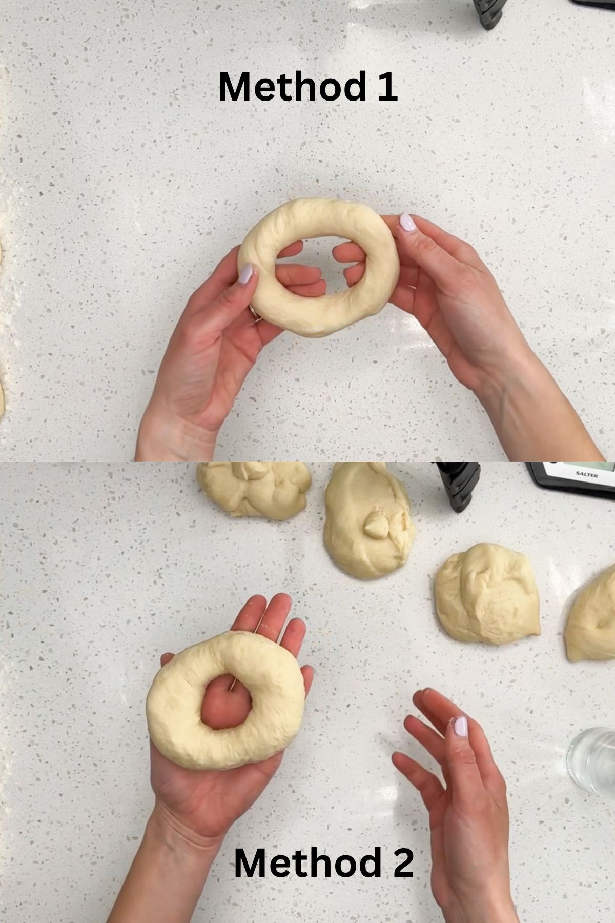 Showing the shape of the bagels for the two different methods of rolling them out.