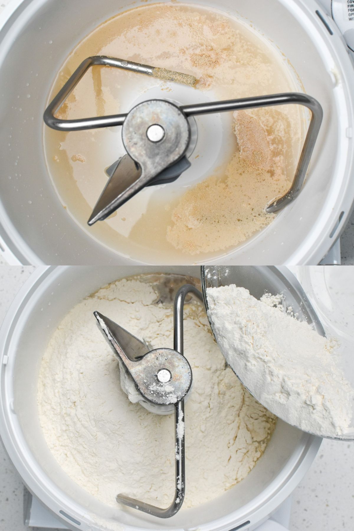 A mixer with the bagel ingredients being added to it.
