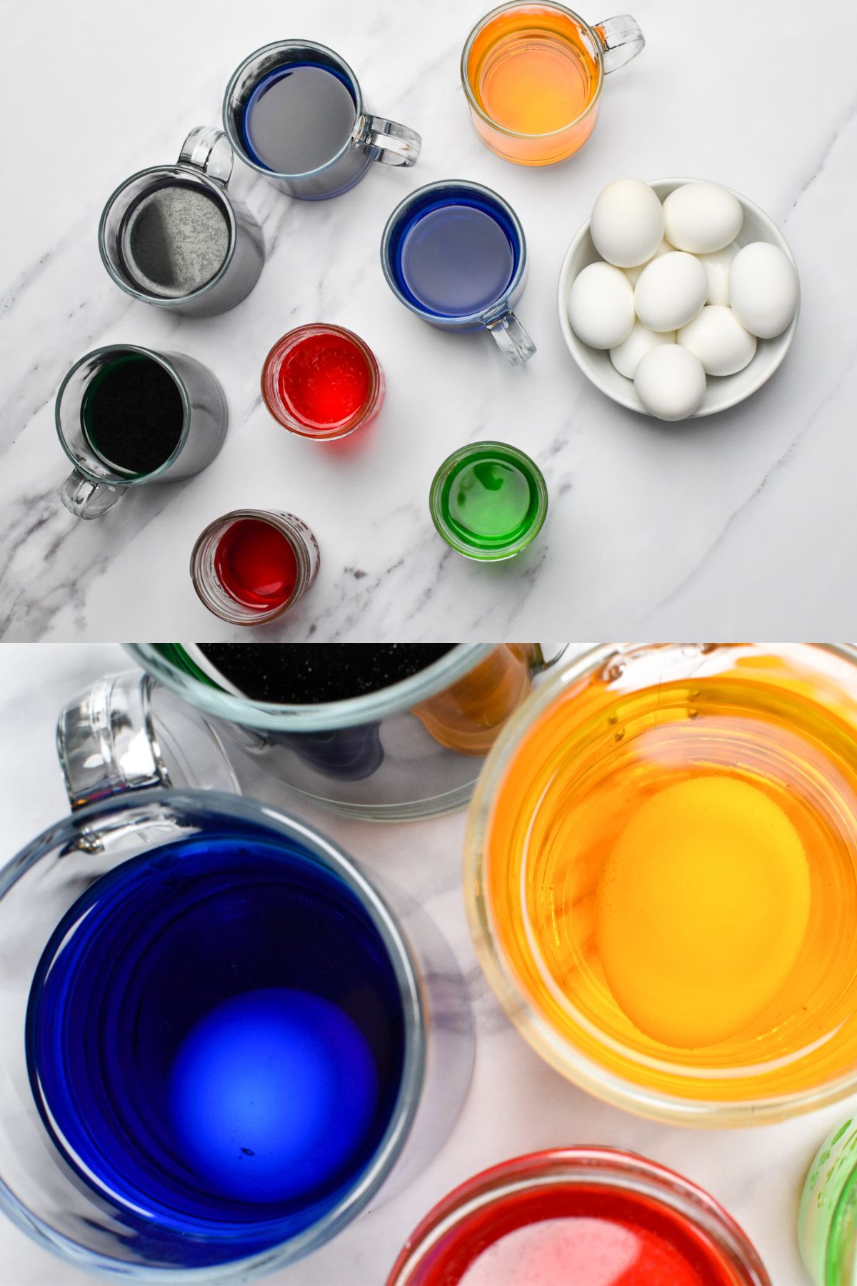 The colored water in cups and white eggs.