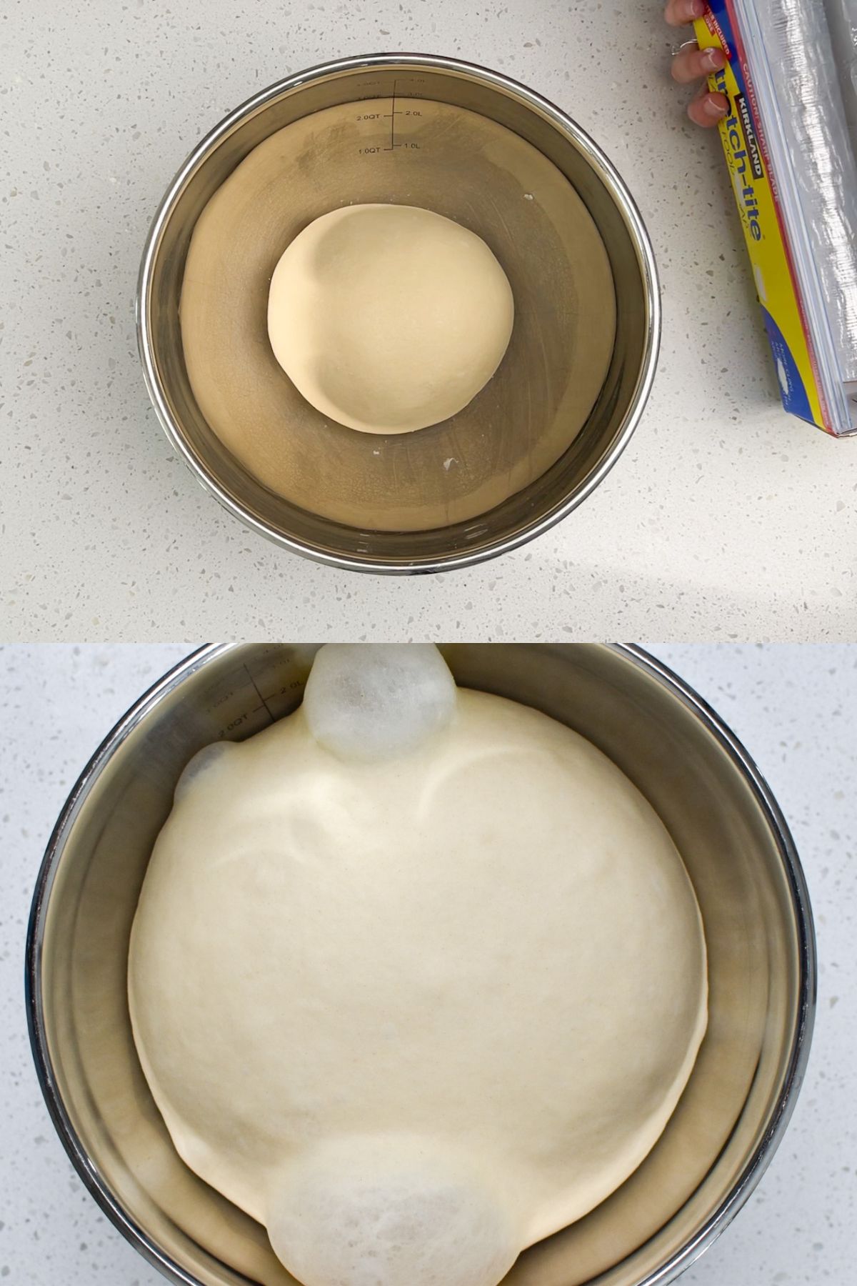 Bagel dough before and after it has risen in a bowl.