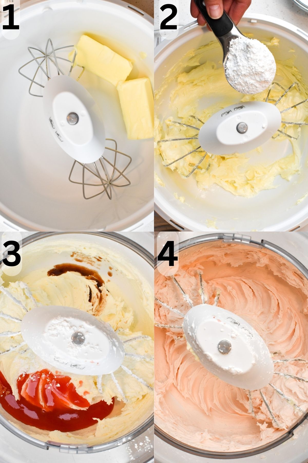 Collage of four images of strawberry frosting being made in a mixer.