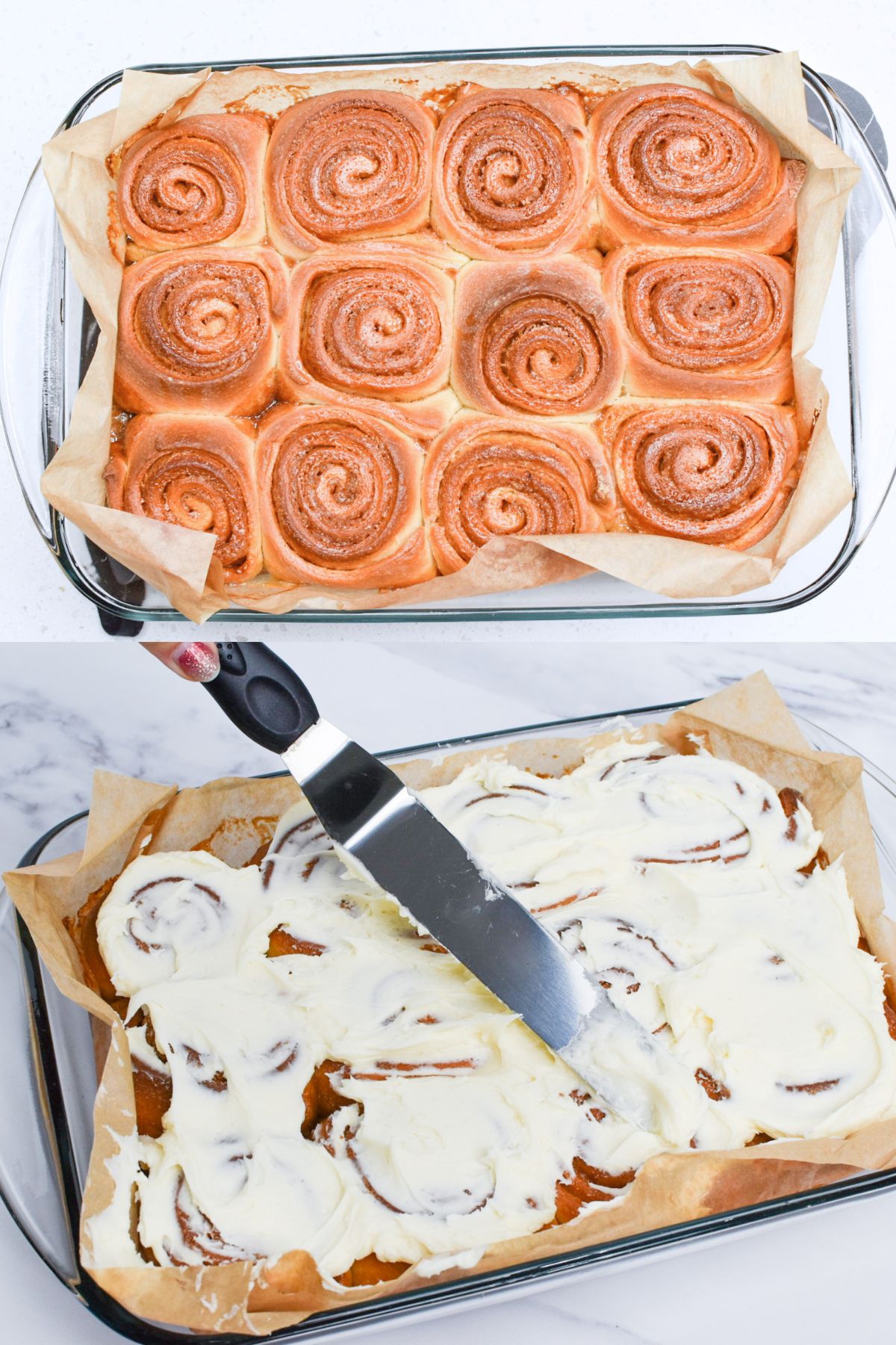 Baked cinnamon rolls in a casserole dish and spreading the frosting on the cinnamon rolls.