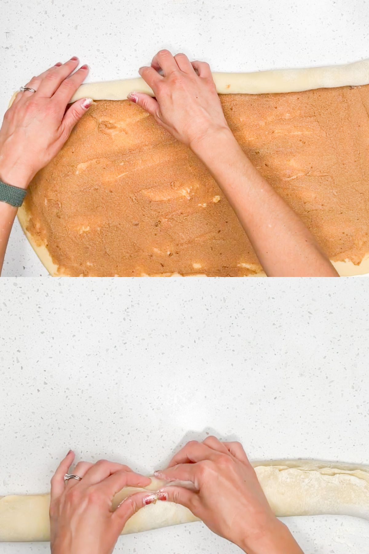 Two hands rolling up cinnamon rolls dough and pinching it closed.