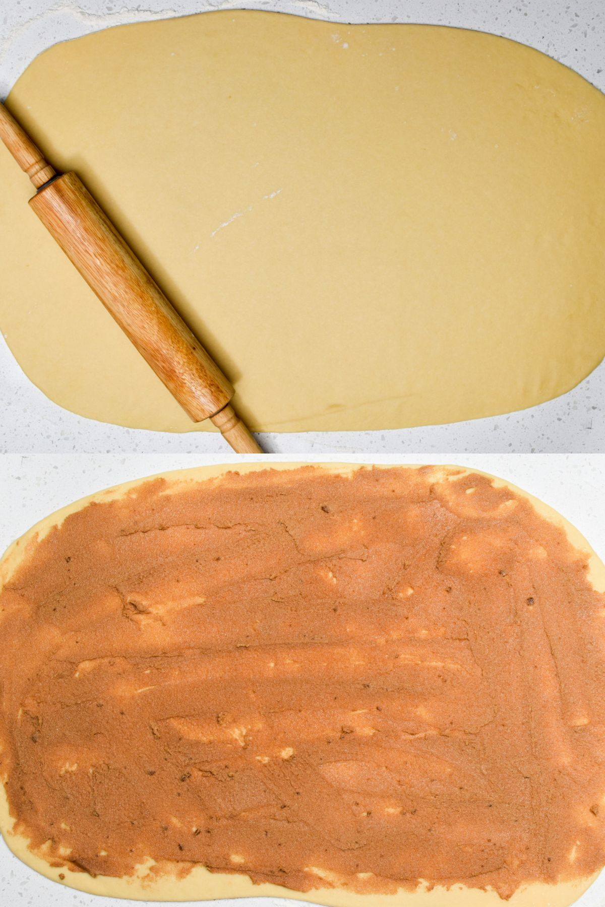 A rolling pin on rolled out dough and cinnamon sugar filling spread on the dough.