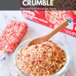 A bowl of strawberry crunch topping next to an ice cream bar with the text: strawberry shortcake crumble.