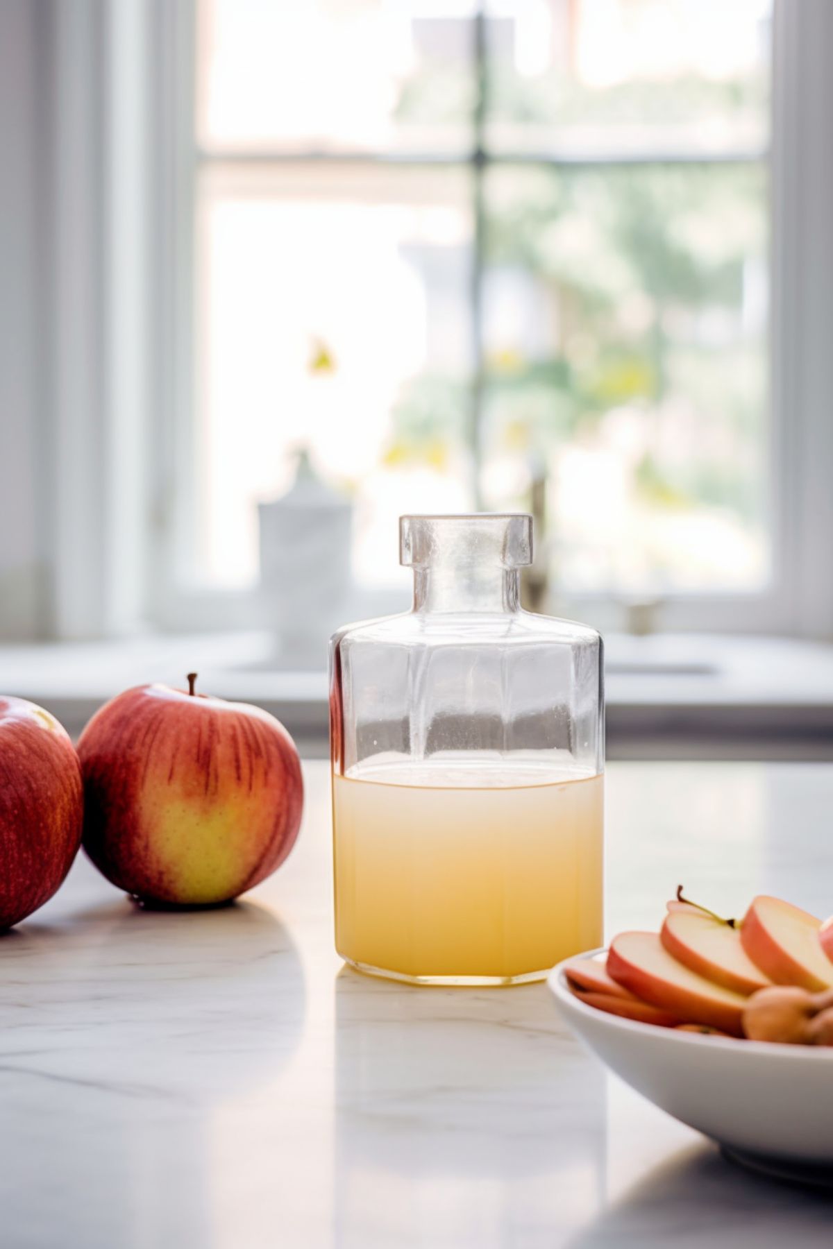 Apple cider vinegar in a glass jar with apples in the background.