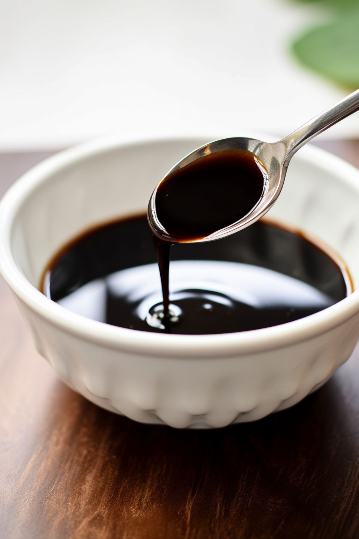 A spoon drizzling balsamic glaze into a small white bowl.