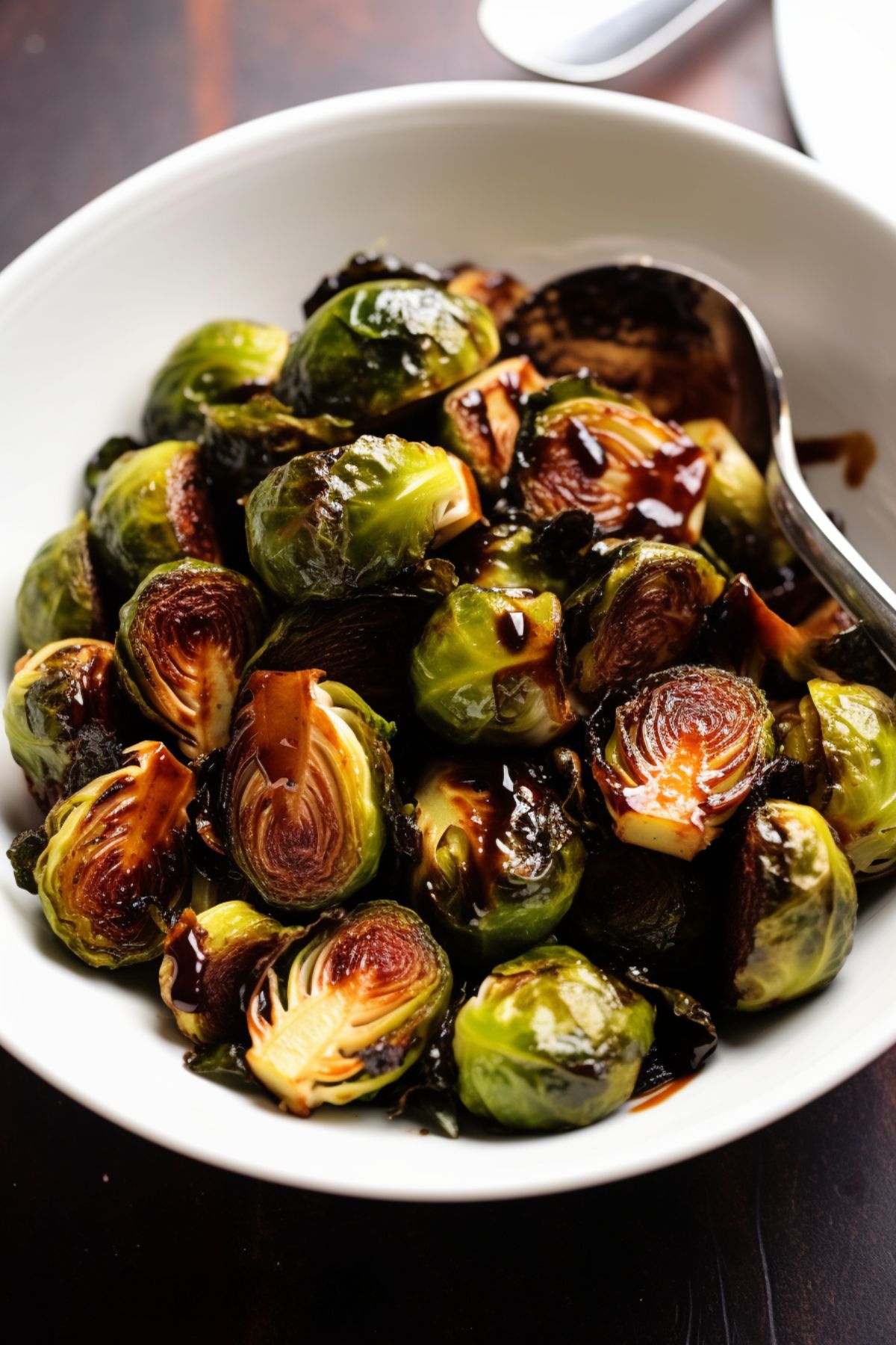 A white bowl of roasted brussel sprouts with balsamic on top.
