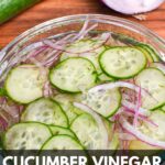 A bowl with cucumbers, onion, apple cider vinegar, sugar and dill and the text: cucumber vinegar salad.