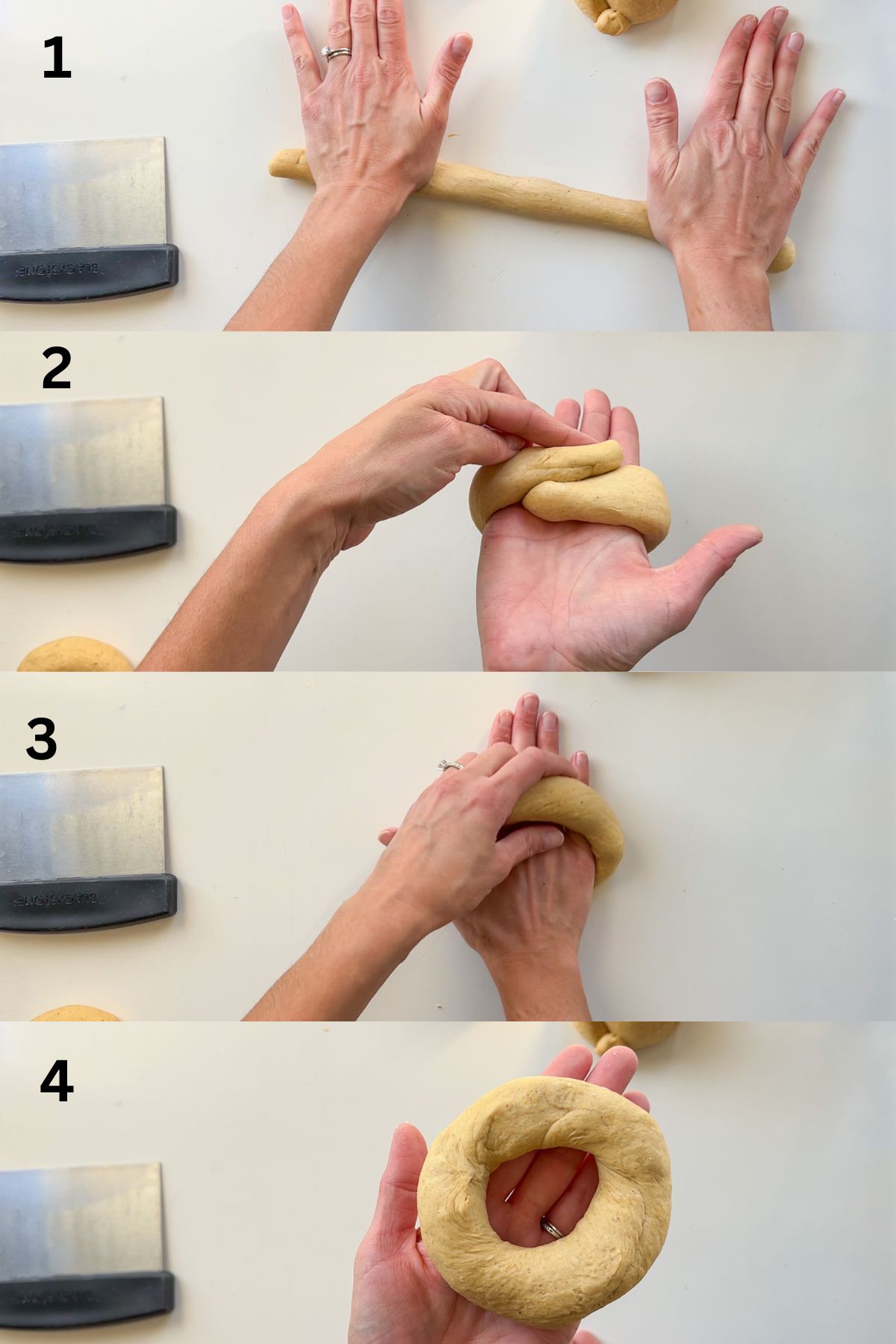 Two hands rolling dough into a long snake-like piece, wrapping it around the hand, and rubbing the two ends together to seal the bagel shape.