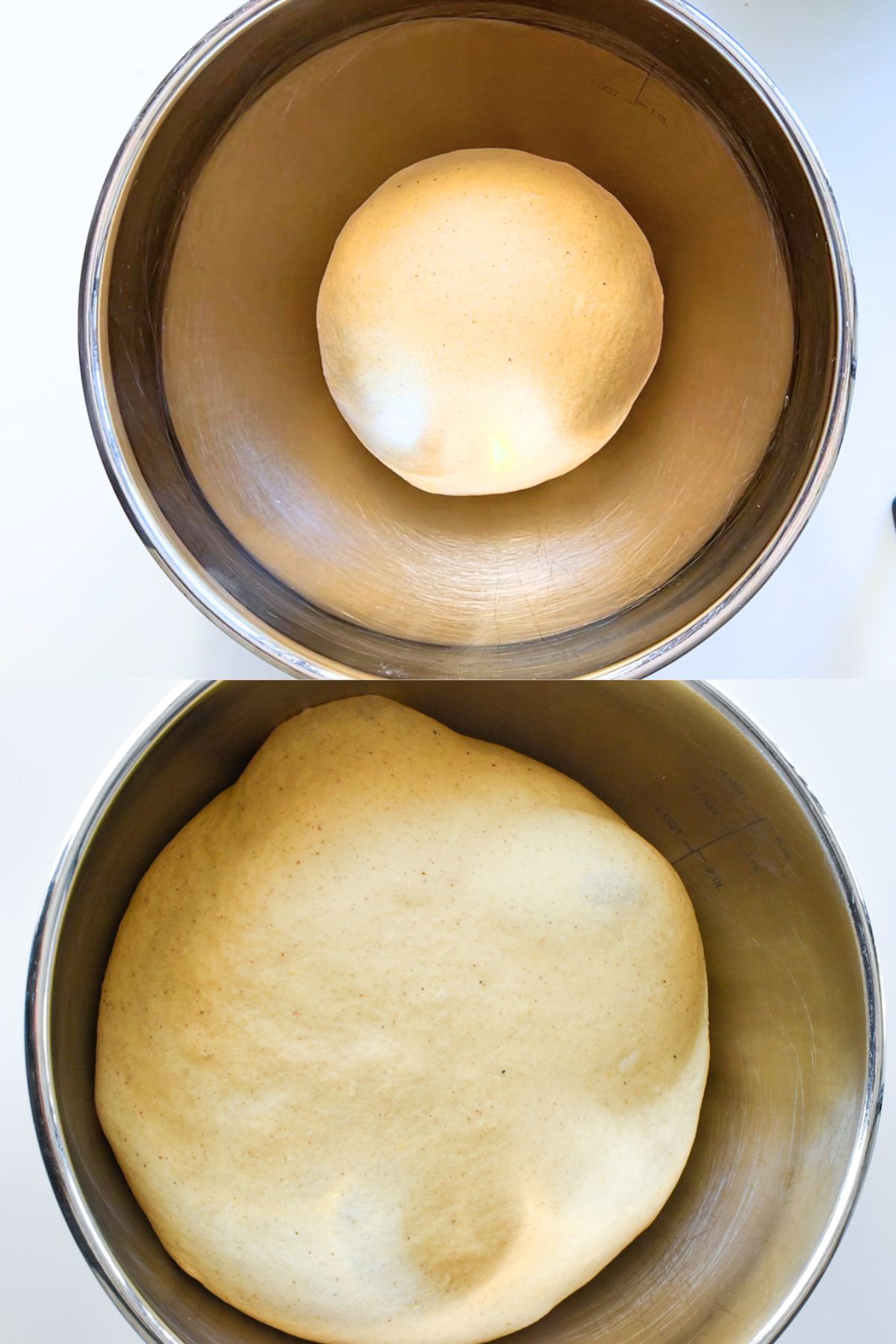 Risen pumpkin bagel dough in a stainless steel bowl.