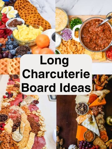 A charcuterie board with waffles, fruit and eggs, a board with chili and toppings, two charcuterie boards with deli meats, crackers, and cheeses and the text: long charcuterie board ideas.