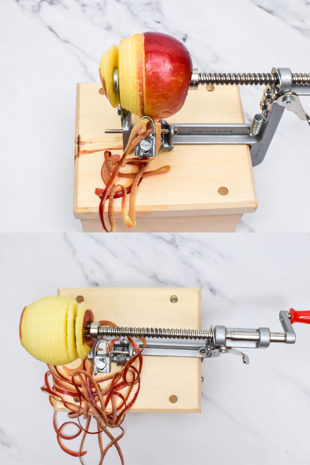 An apple being peeled and sliced using an apple peeler corer slicer.