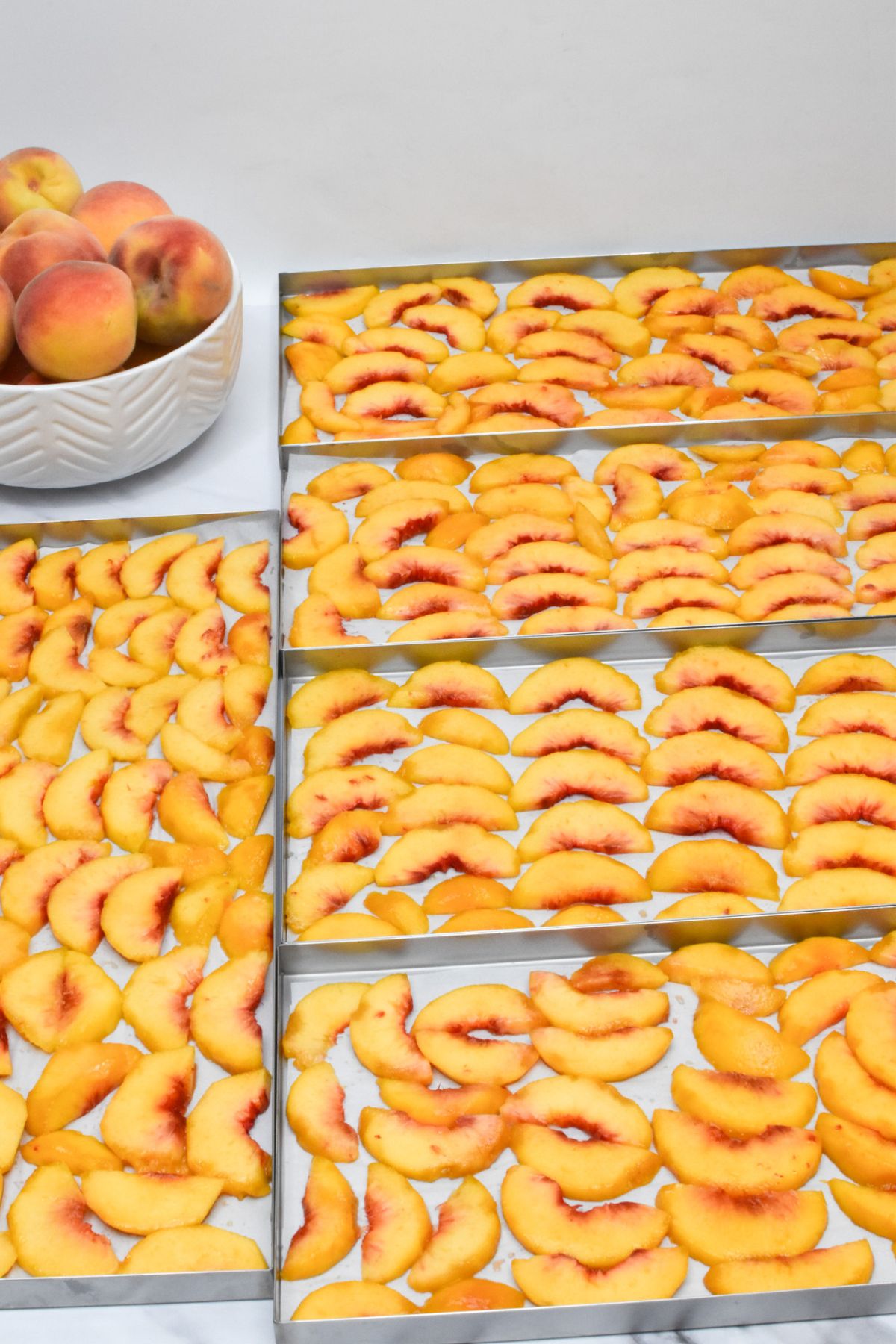 Five metal trays of sliced peaches and a white bowl with peaches in it.