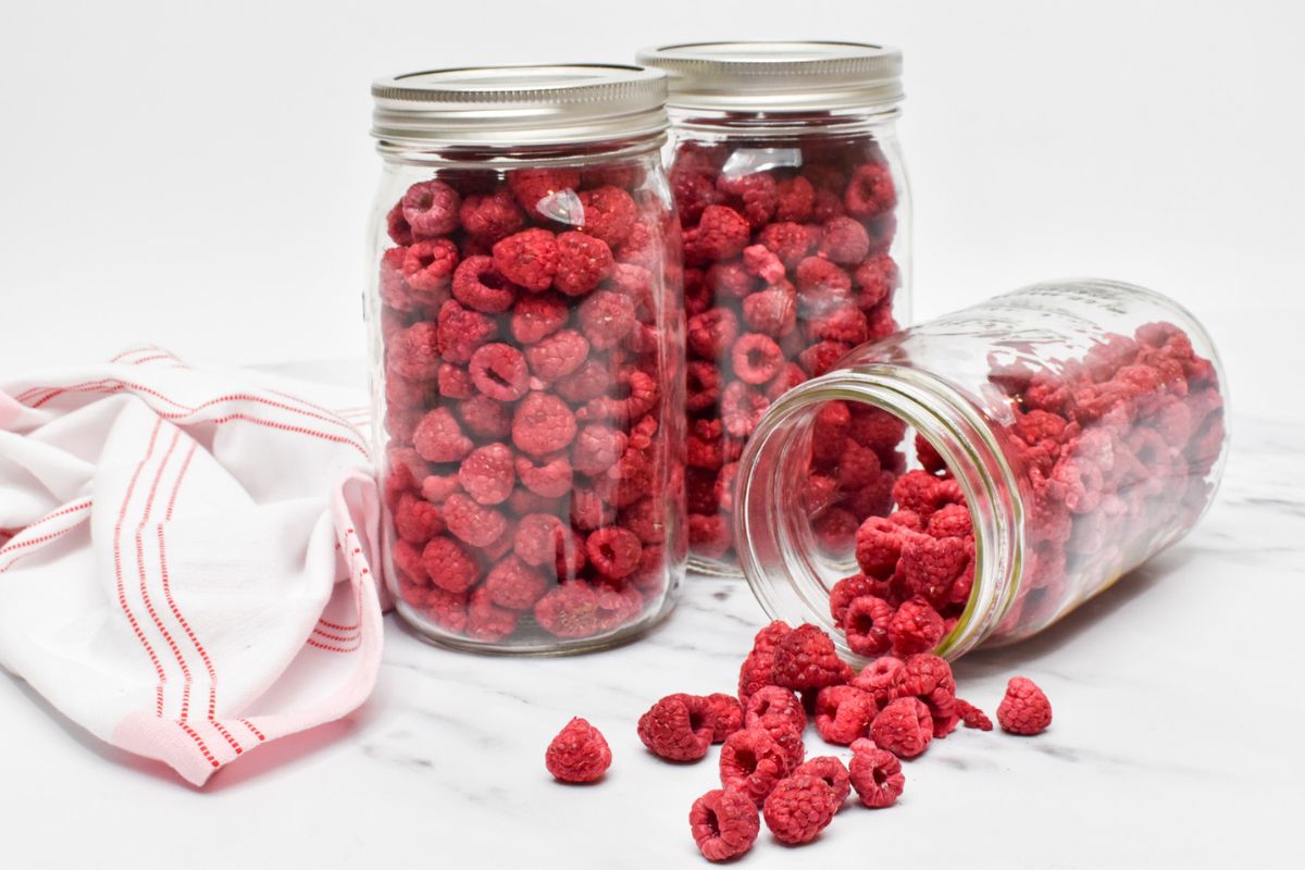 Three jars of freeze dried raspberries with one jar turned on it's side with raspberries spilling out.